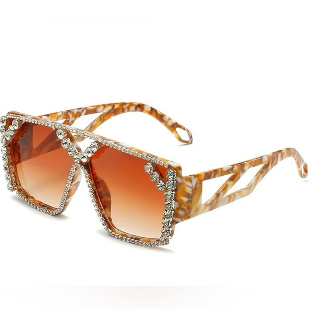 OVERSIZED SQUARE SUNGLASSES RHINESTONE EMBELLISHED BROWN LENS TORTOISE SHELL NEW - Picture 3 of 14